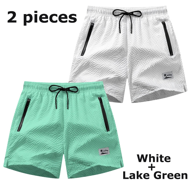 Men Swim Shorts Seersucker Quick Dry Mesh Lined Zipper Pockets