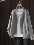 Women crew neck cardigan with pearl buttons relaxed fit in multiple colors