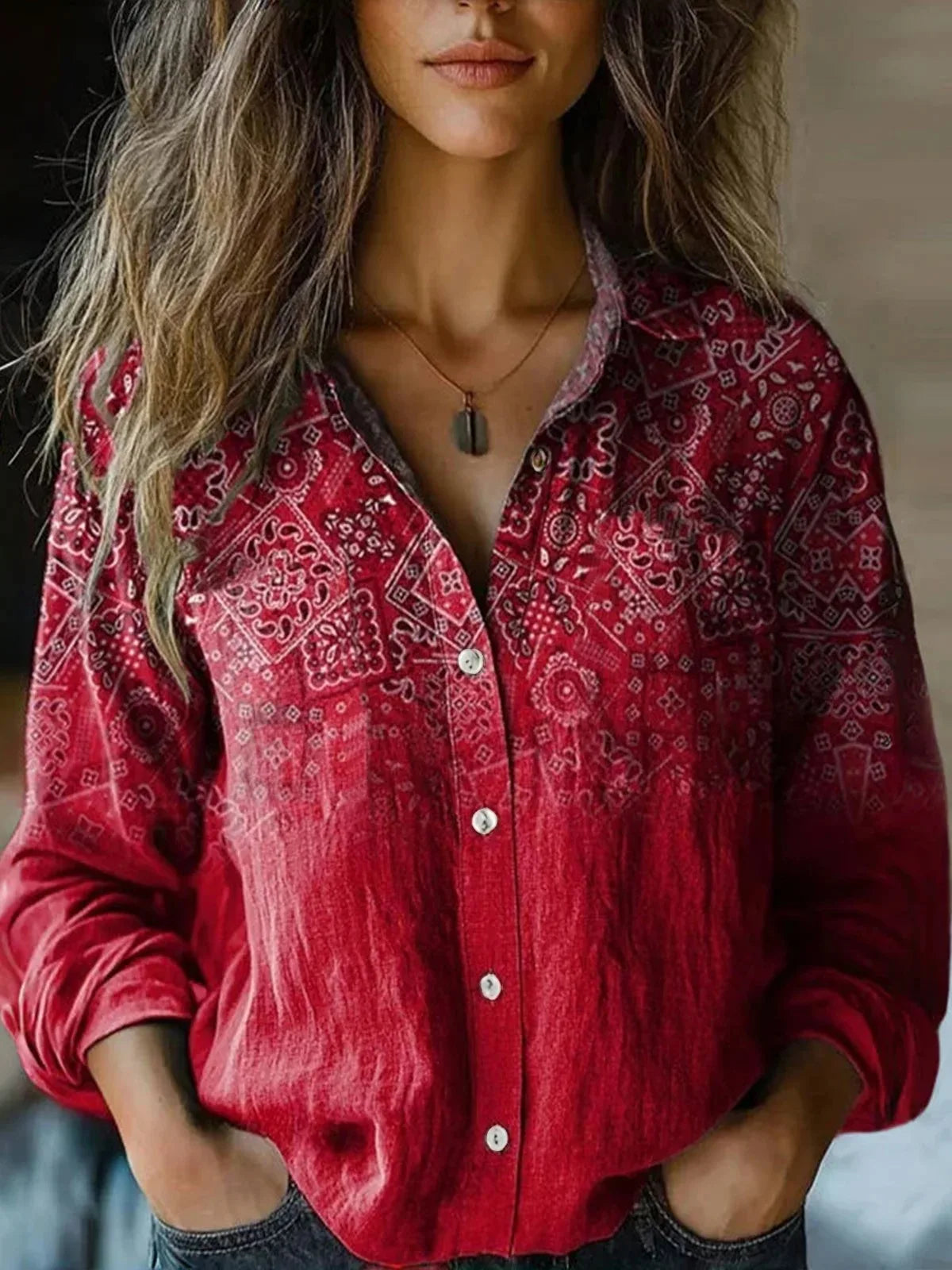 Women boho print long sleeve button-up blouse with lapel collar and paisley floral pattern