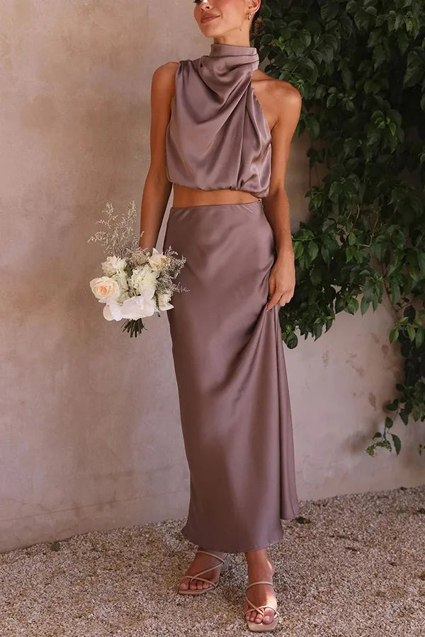Women 2 piece satin maxi dress set with high draped neckline and flowing skirt