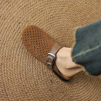 Women suede leather clogs with adjustable buckle strap in brown and beige