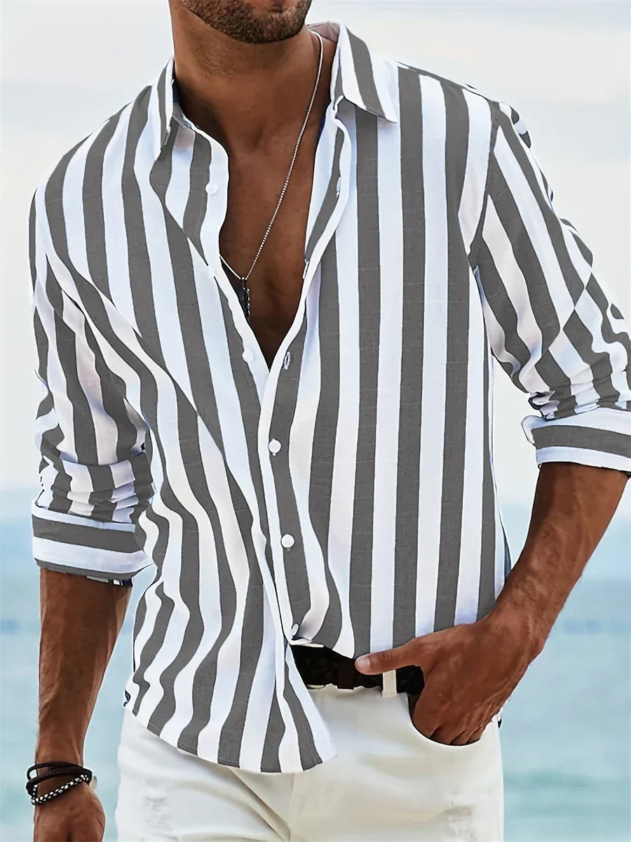 Men's linen shirt blue white stripes relaxed fit summer