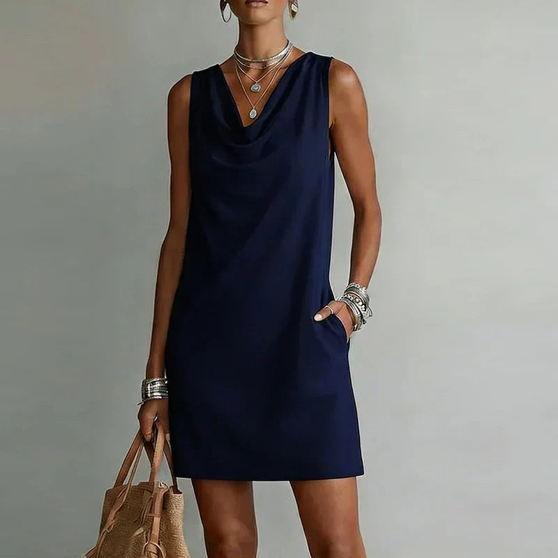 Women's mini dress cowl neck sleeveless A-line silhouette with side pockets