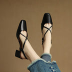 Women leather block heel pumps closed toe with adjustable buckle strap