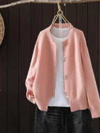 Women crew neck cardigan with pearl buttons relaxed fit in multiple colors