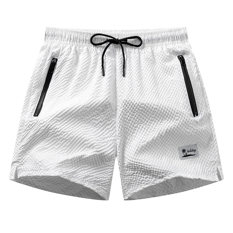 Men Swim Shorts Seersucker Quick Dry Mesh Lined Zipper Pockets
