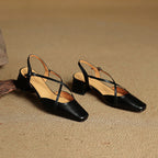 Women leather block heel pumps closed toe with adjustable buckle strap