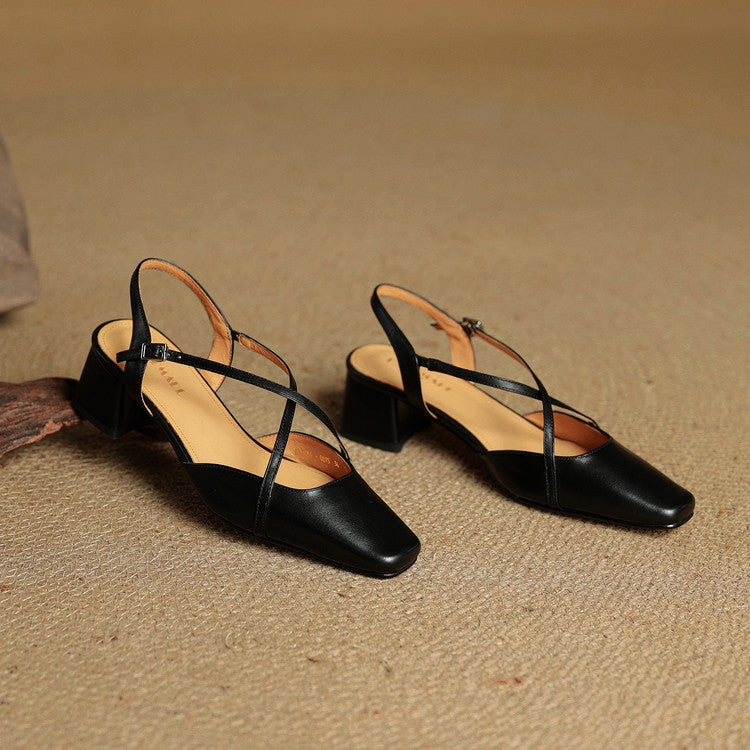 Women leather block heel pumps closed toe with adjustable buckle strap
