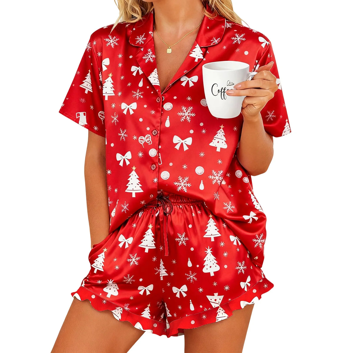 Christmas Pajamas Women 2 Piece Set Santa Print Short Sleeve