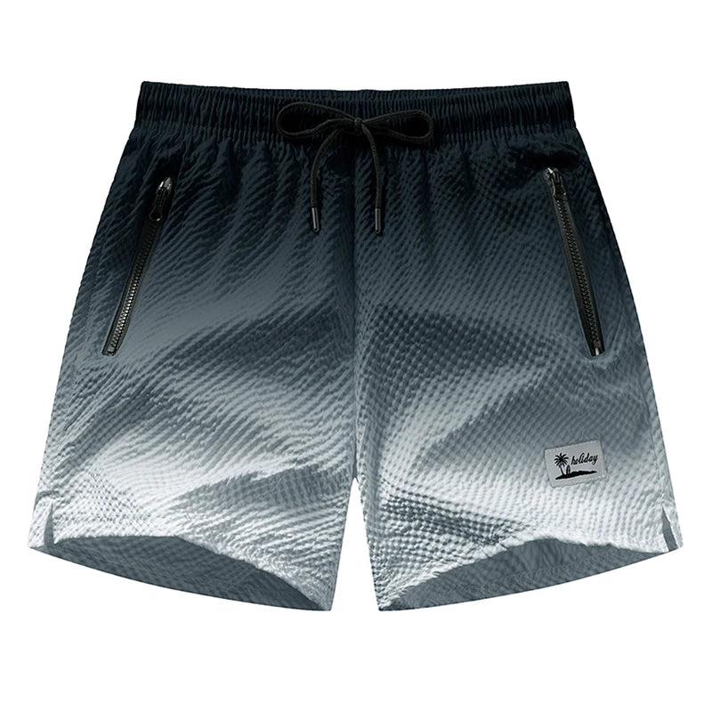 Men Swim Shorts Seersucker Quick Dry Mesh Lined Zipper Pockets