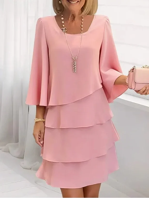 Women A-Line Ruffle Midi Dress with layered ruffles and split sleeves