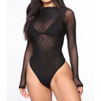 Women's mesh bodysuit long sleeve with mock neck, sheer second-skin harness layering style