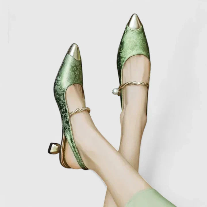 Women block heel pumps jacquard floral texture pearl strap gold-tone accents