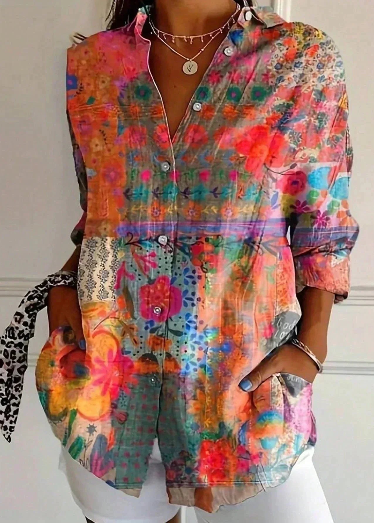 Women's cotton printed blouse button-up front, lightweight summer casual top