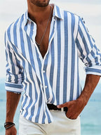 Men's linen shirt blue white stripes relaxed fit summer