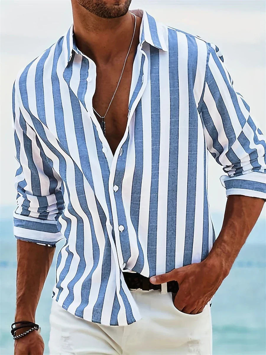Men's linen shirt blue white stripes relaxed fit summer