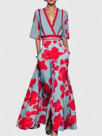 Women maxi dress flowy floor-length in red white black and gray