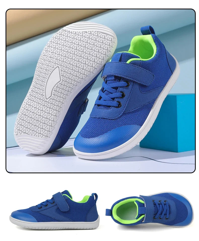 Kids barefoot sneakers with wide toe box and lightweight flexible rubber sole