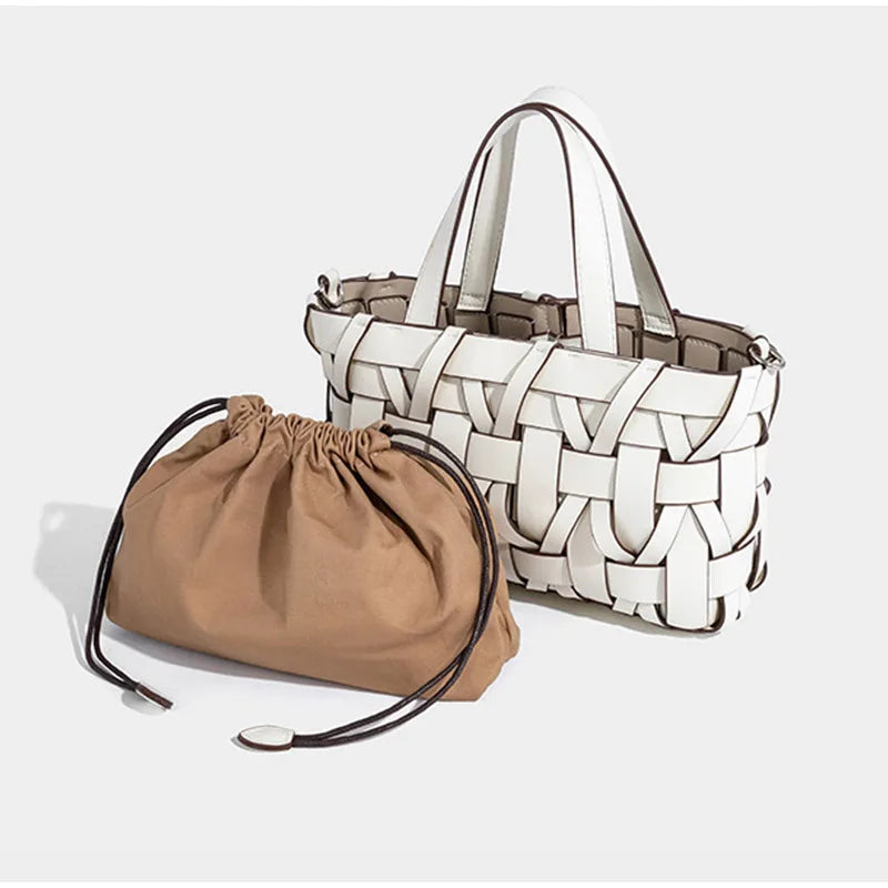Women handwoven crossbody handbag with top handle in vegan leather