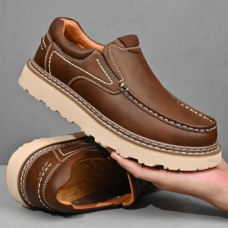 Men leather loafers slip on orthopedic cushioned insole brown black