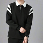 Men cotton blend long sleeve polo shirt with zipper collar and color-block design