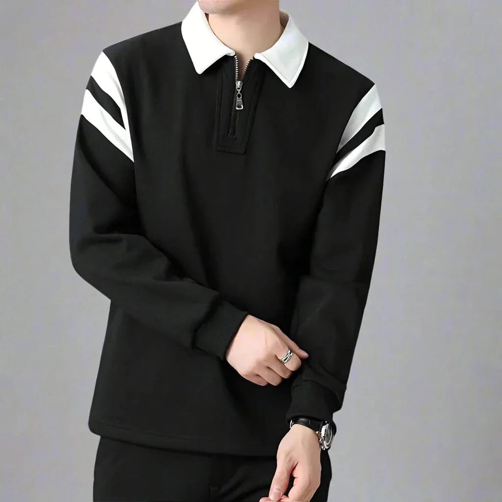 Men cotton blend long sleeve polo shirt with zipper collar and color-block design
