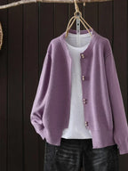 Women crew neck cardigan with pearl buttons relaxed fit in multiple colors