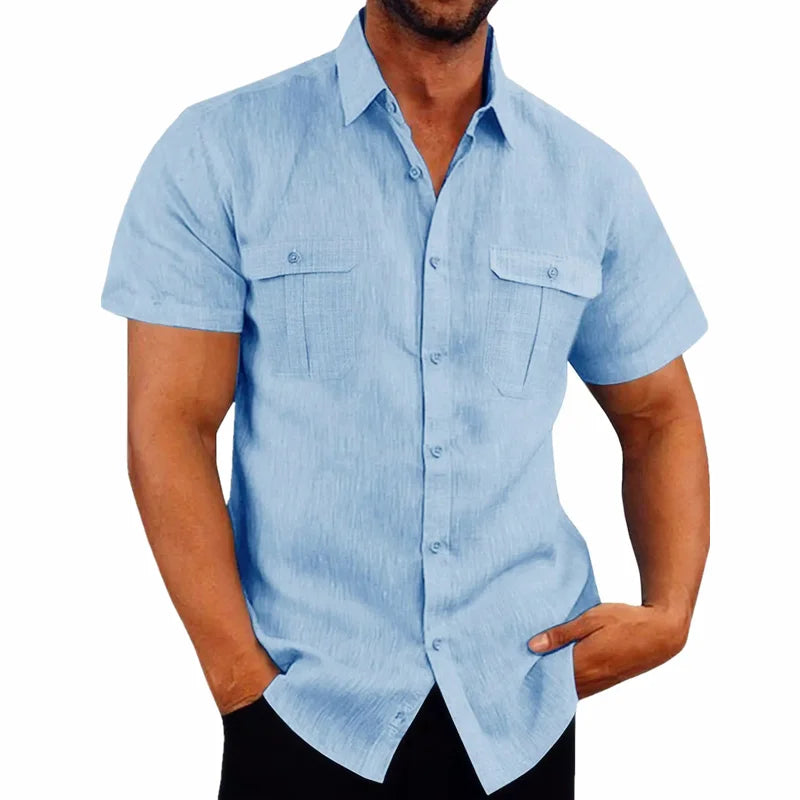 Linen Shirt Men Short Sleeve Casual Plus Size Solid Turn Down Collar