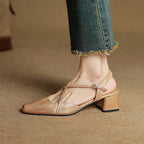 Women leather block heel pumps closed toe with adjustable buckle strap
