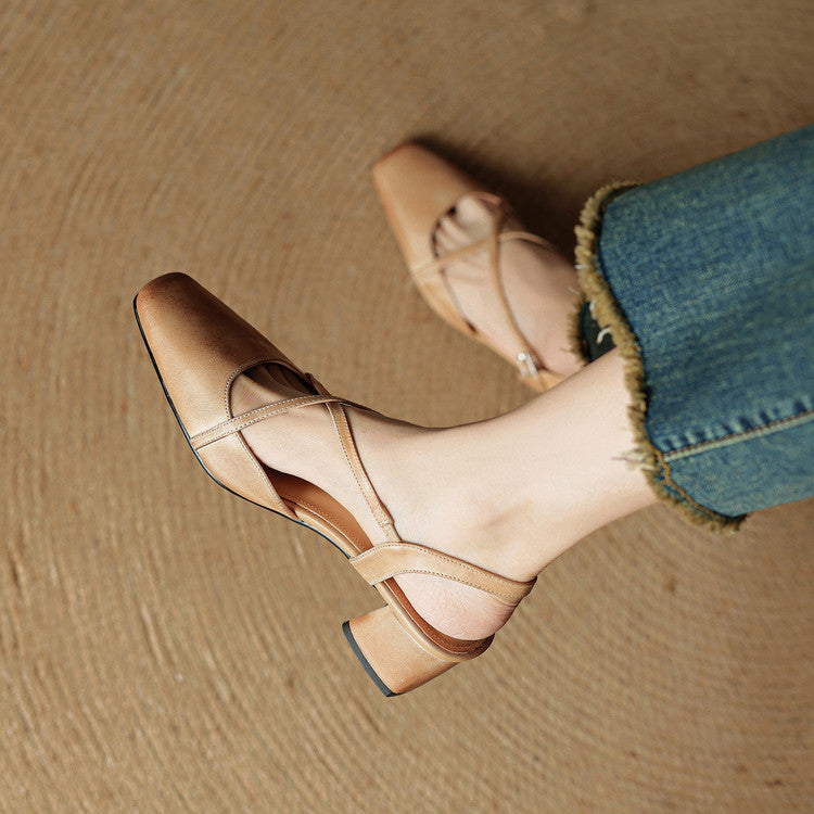 Women leather block heel pumps closed toe with adjustable buckle strap