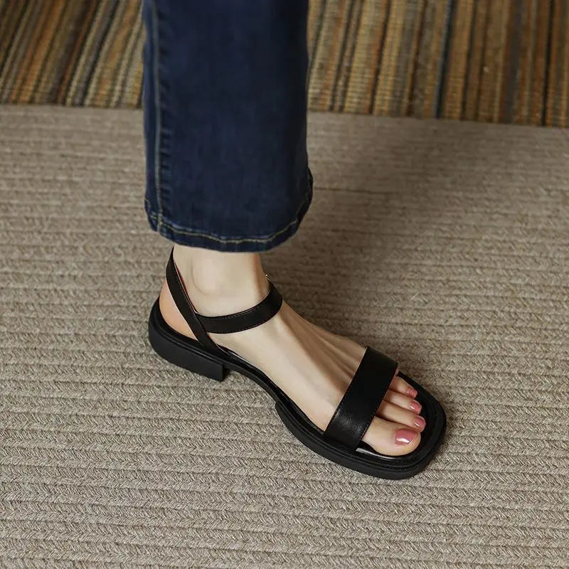Women vegan leather block heel sandals with adjustable ankle strap
