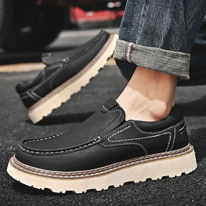 Men leather loafers slip on orthopedic cushioned insole brown black