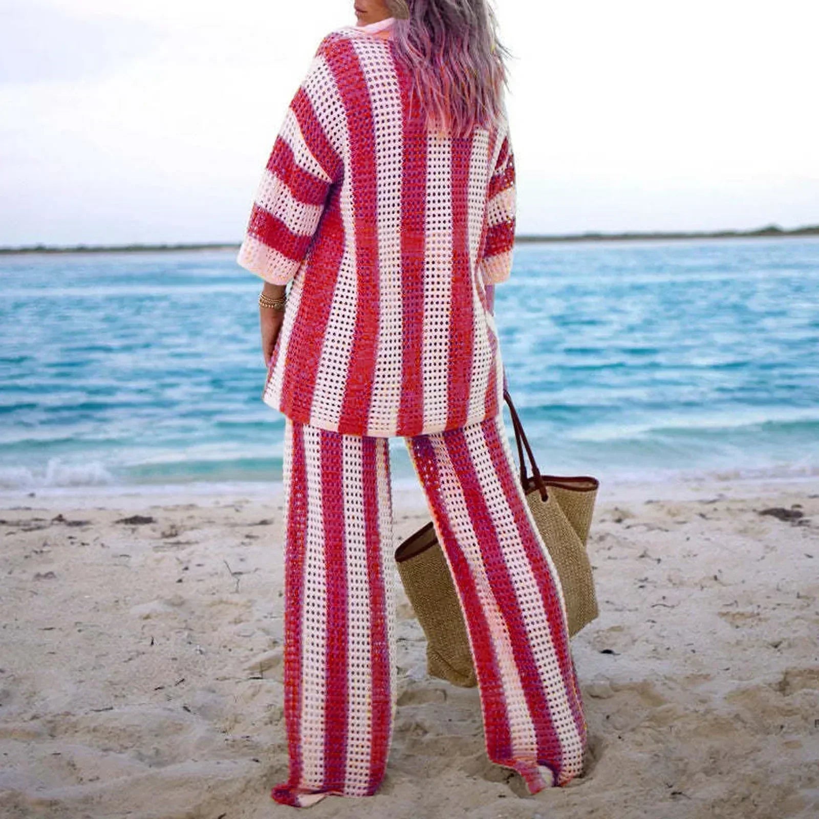 Women 2 piece crochet lounge set bohemian striped top and pants