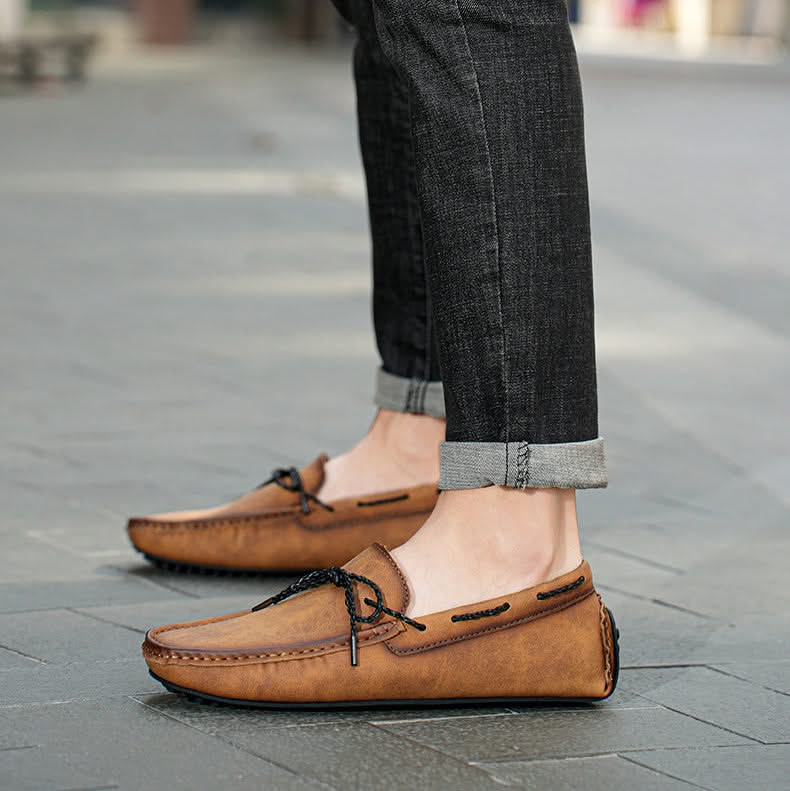 Men leather loafers slip-on moccasin style in brown black green