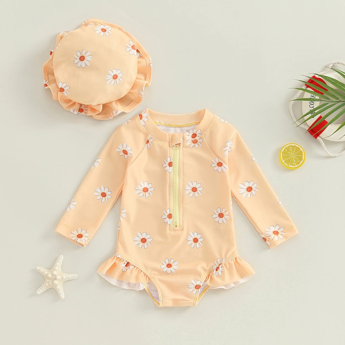 Kids Rash Guard Set Girls Long Sleeve Flower Print Swimsuit Hat