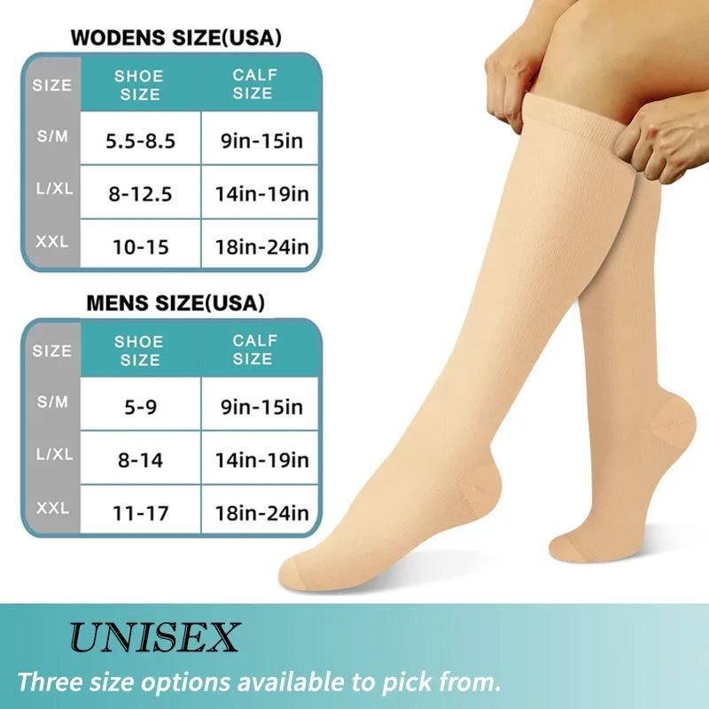 Knee high compression socks 15-20 mmHg, 3 pairs, unisex for running and nursing
