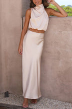 Women 2 piece satin maxi dress set with high draped neckline and flowing skirt