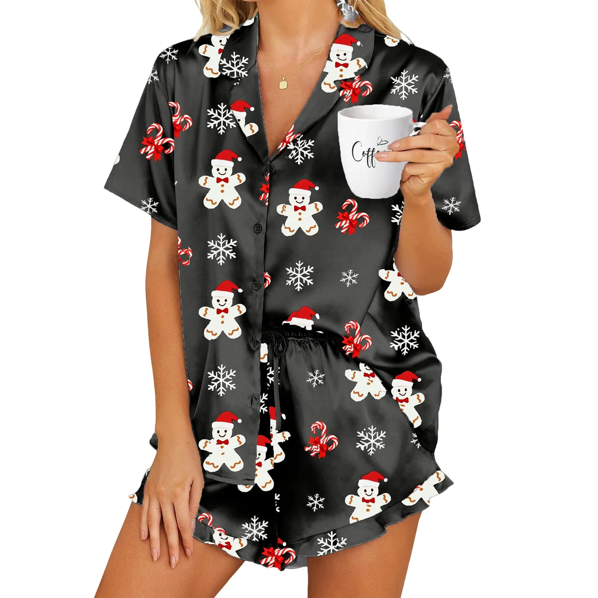 Christmas Pajamas Women 2 Piece Set Santa Print Short Sleeve