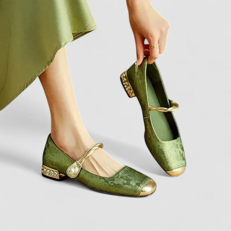 Women's ballet flats square toe pearl ankle strap embroidered gold detail