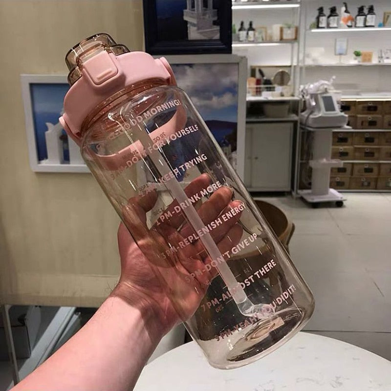 2L motivational water bottle with time markings and removable straw, BPA-free