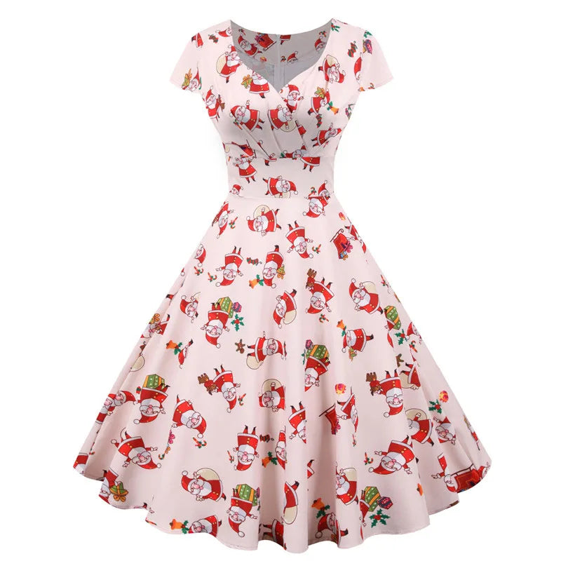 Christmas Party Dress Women Short Sleeve Vintage V Neck Swing