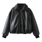 Women faux leather oversized bomber jacket with ribbed cuffs and soft lining