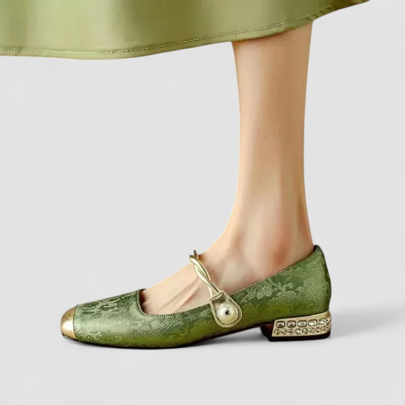 Women's ballet flats square toe pearl ankle strap embroidered gold detail