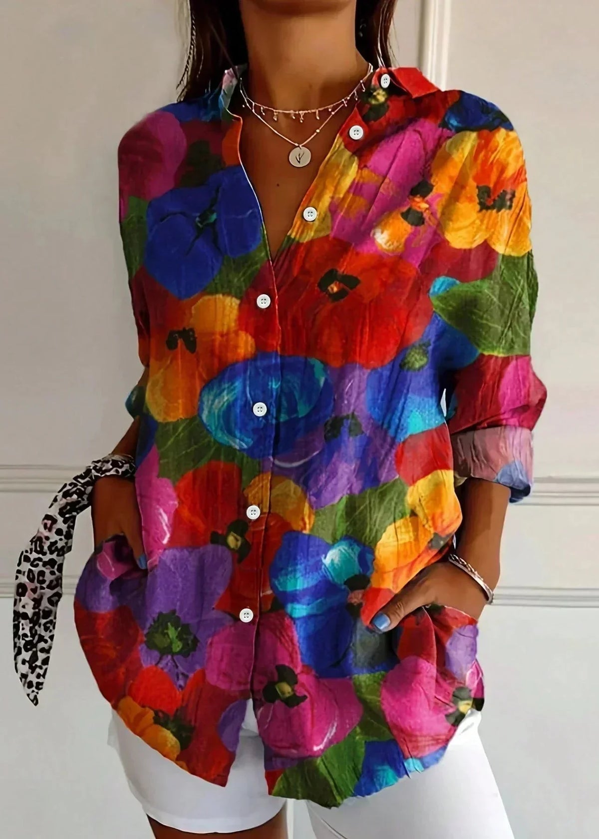 Women's cotton printed blouse button-up front, lightweight summer casual top