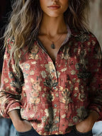 Women boho print long sleeve button-up blouse with lapel collar and paisley floral pattern