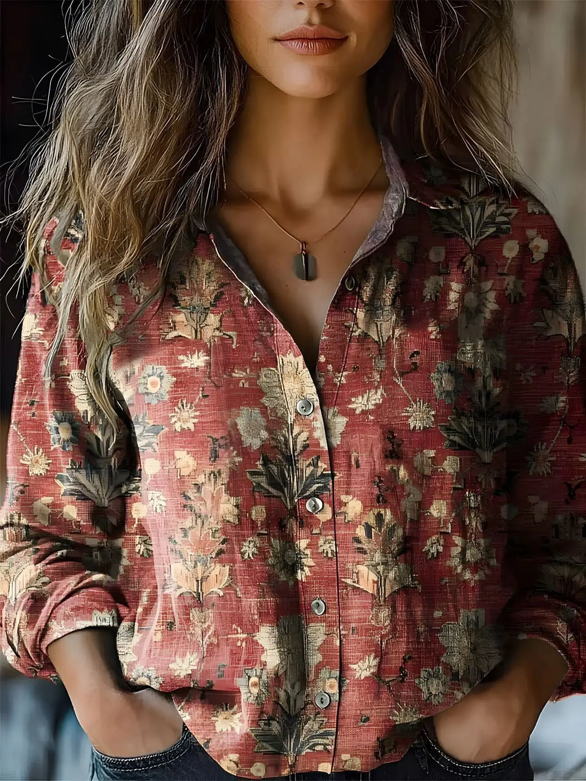 Women boho print long sleeve button-up blouse with lapel collar and paisley floral pattern