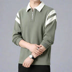 Men cotton blend long sleeve polo shirt with zipper collar and color-block design