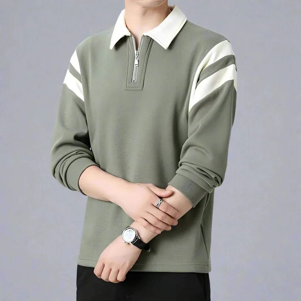 Men cotton blend long sleeve polo shirt with zipper collar and color-block design