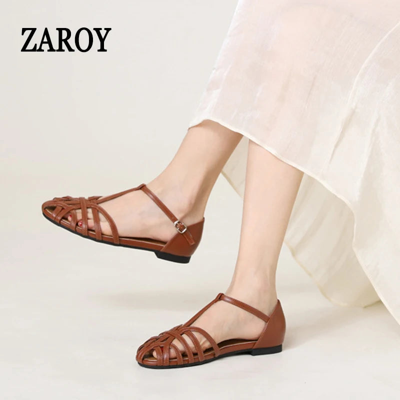 Braided Sandals Women Flat Roman Style Cross Strap Low Heel Shoes