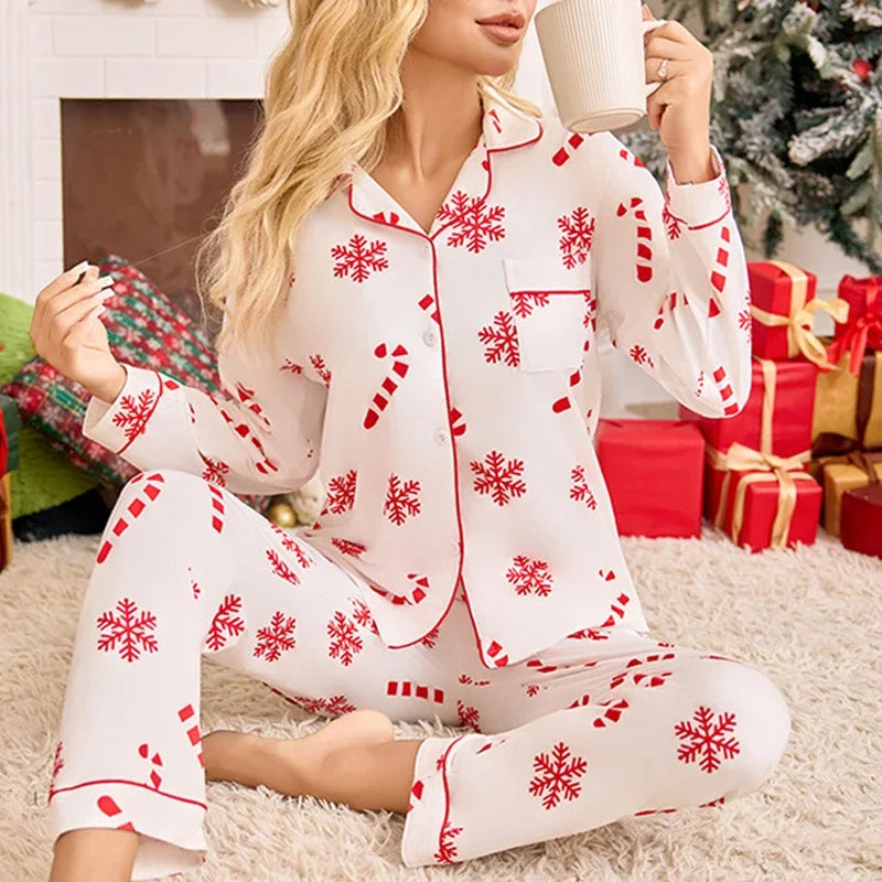 Christmas Pajamas Women 2 Piece Long Sleeve Snowflake Print Set